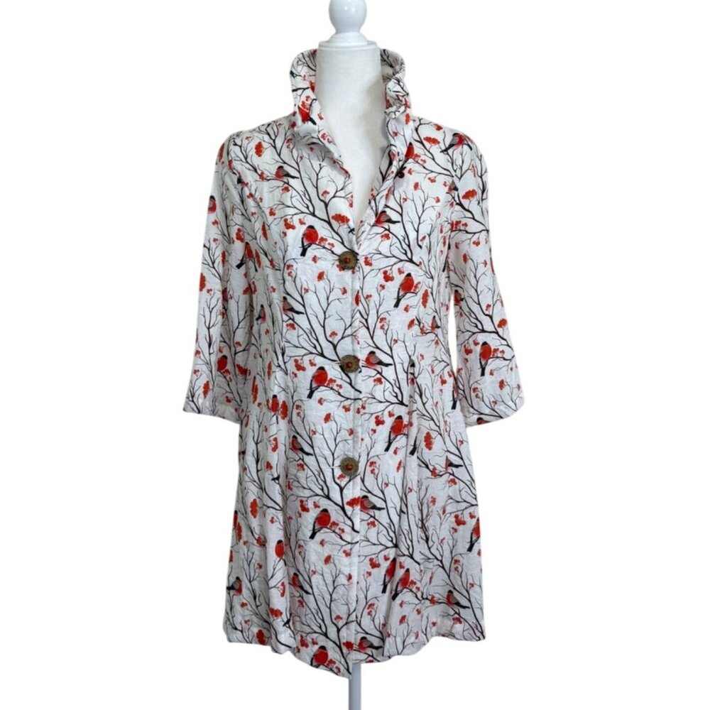 E-Laine Design Womens Tunic Bird Robin Print Top Button-Front 3/4 Sleeves Size S